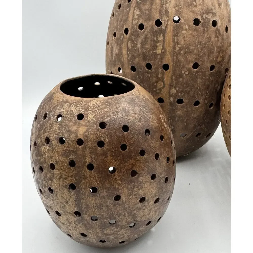 3 Piece Coconut Shell Candle Holders Set Hollow Pierced Handmade Natural Rustic